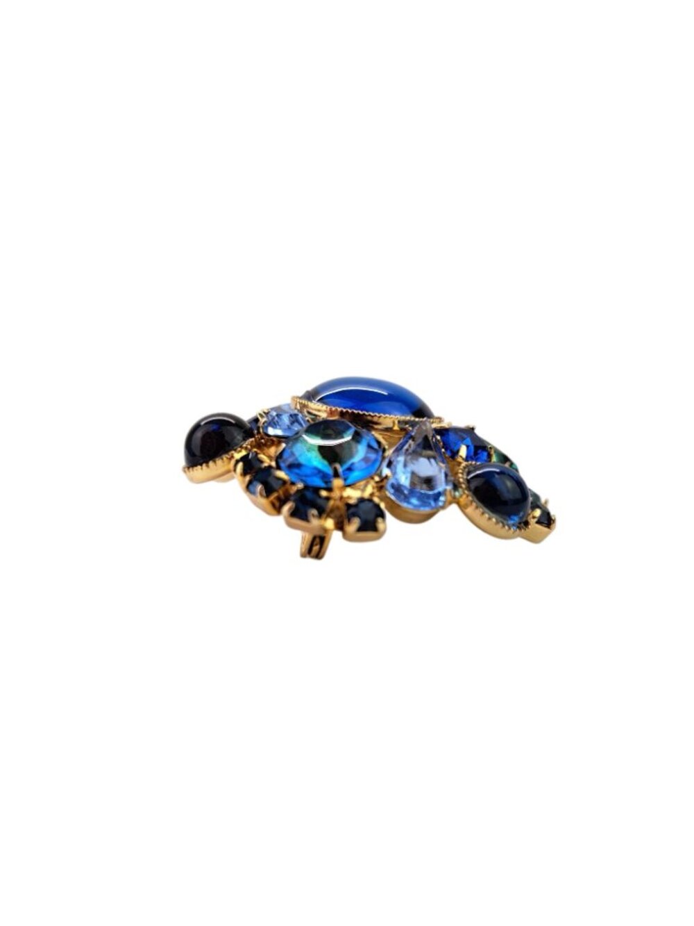 Vintage Blue Rhinestone Round Brooch Pin Dome Cabochon Navette Cluster Statement - Picture 4 of 11